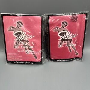 2 Vtg 90s Silkies Ultra TLC Support Pantyhose X-Tall Misty Grey & Off Black NOS‎